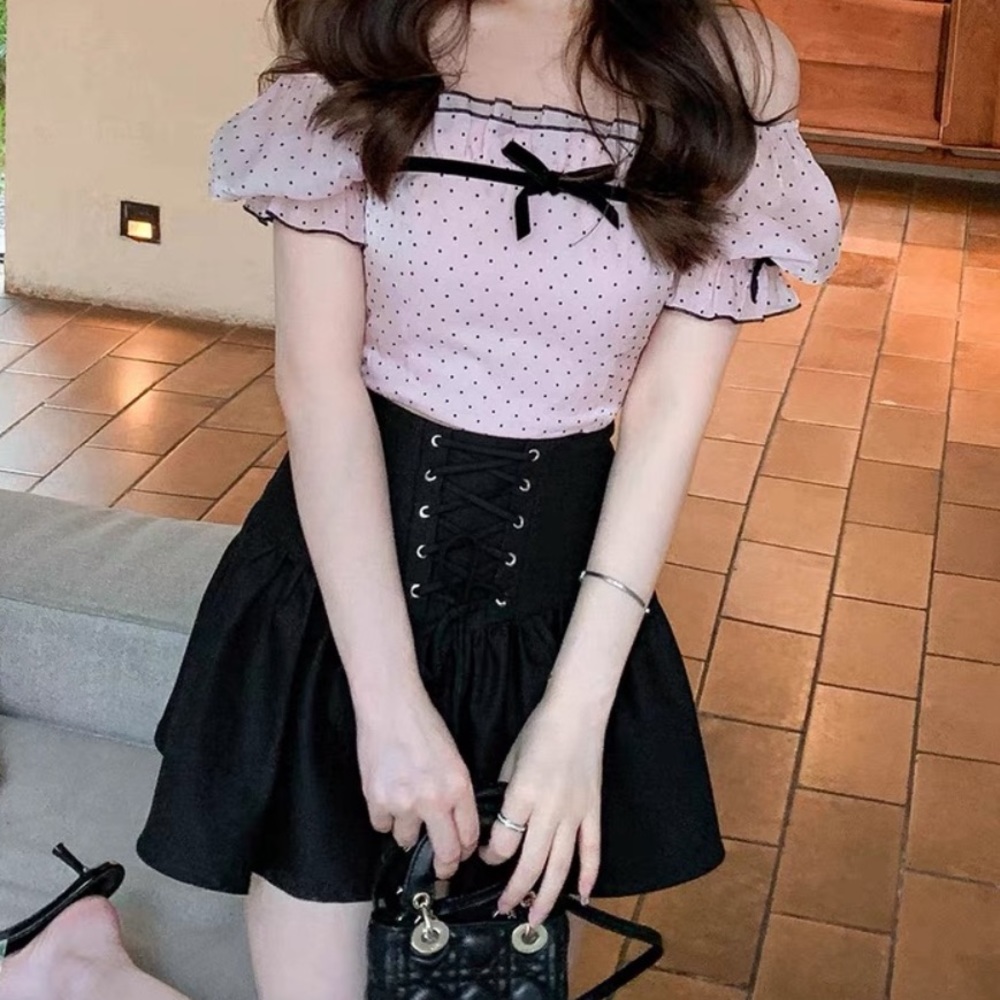 Japanese Kawaii Pastel Pink Black Polka Dot 2way Off Shoulder Crop Top Blouse